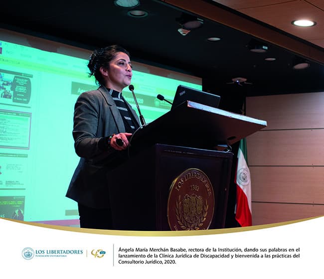 Ángela María Merchán Basabe, dando sus palabras en el lanzamiento de la Clínica Jurídica de Discapacidad y bienvenida a las prácticas del Consultorio Jurídico, 2020.