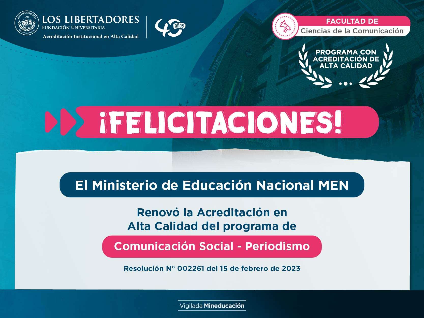 Se renueva acreditación en alta calidad el programa de Comunicación Social y Periodismo hasta el 2029